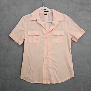 Theory Womens Large Peach Button Front Short Sleeve Blouse Lightweight Cotton